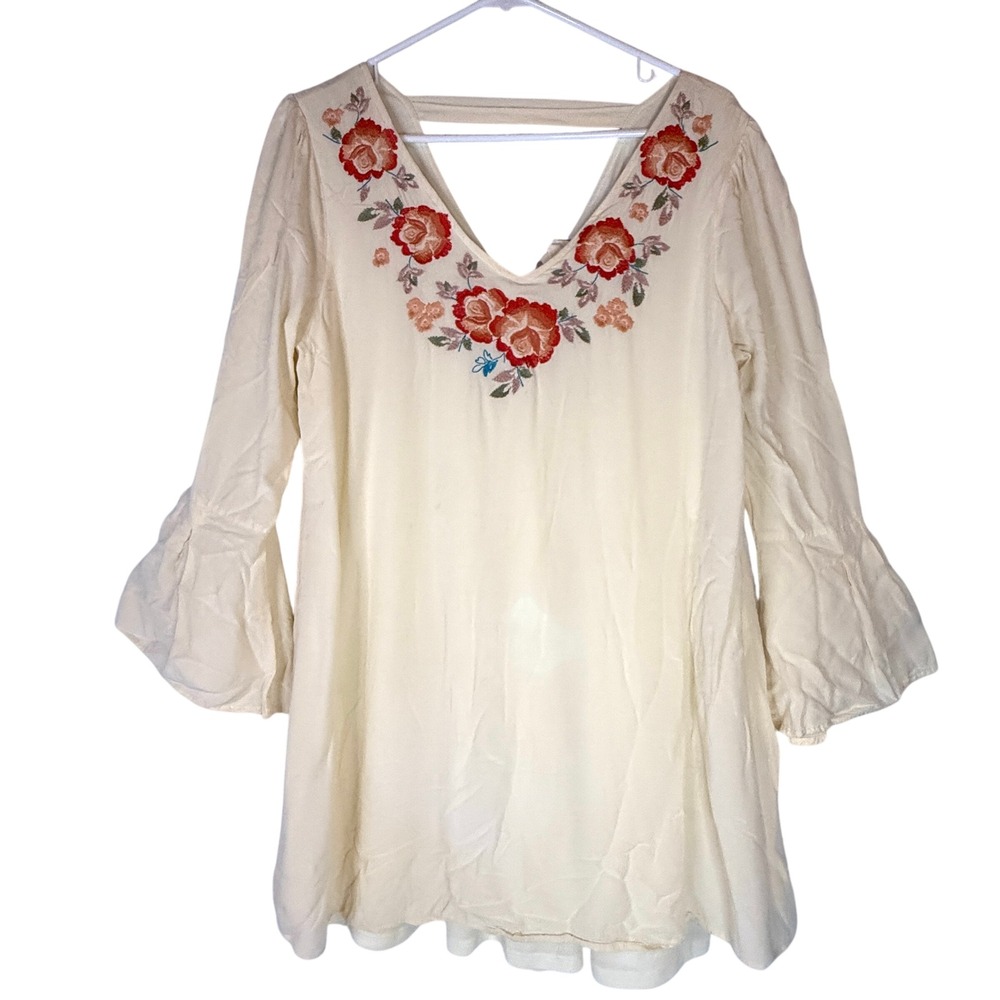 Altar'd State Dress Womens L Ivory Floral Embroidered Bell Sleeve Boho Mini